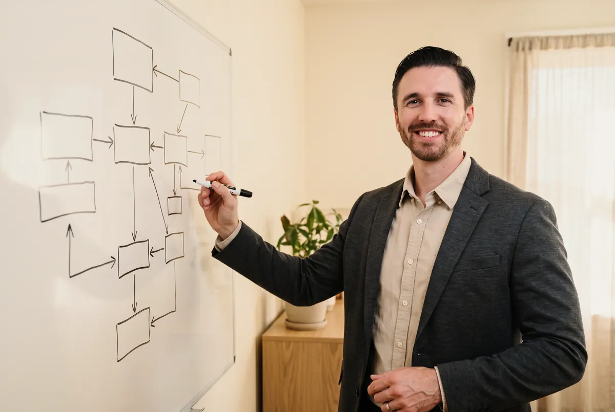 Mason Anglin mapping a practice workflow on a whiteboard
