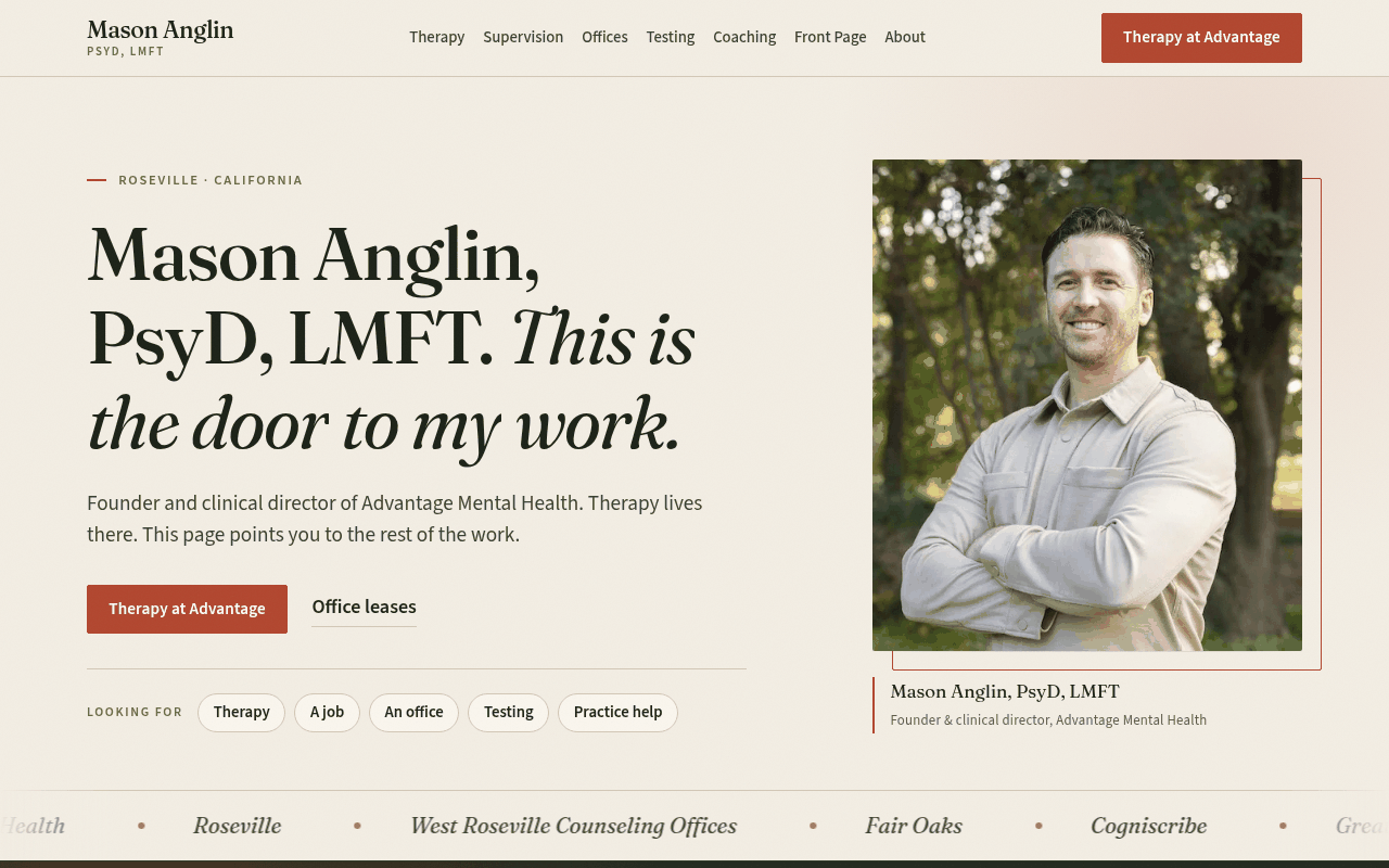 Screenshot of the masonanglintherapy.com homepage: the name Mason Anglin, PsyD, LMFT with a headline, a short introduction, a main button, and a row of quick links for therapy, jobs, offices, testing, and practice help